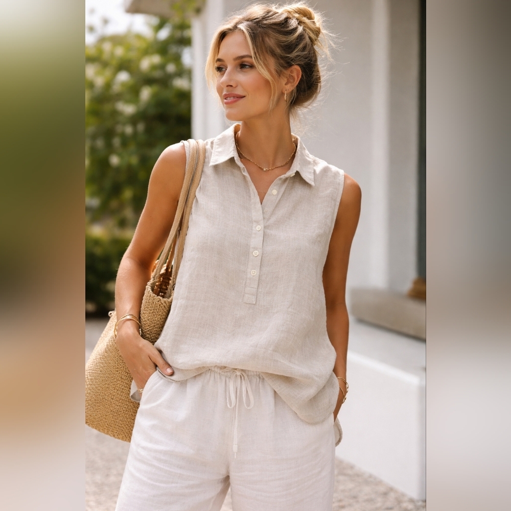 Linen Shirt XL Boxy Sleeveless Henley Coastal Resortwear Beachy Cruise Quiet Lux